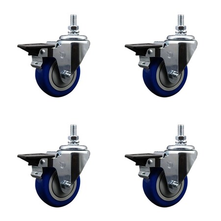 Service Caster 35 Inch Blue Polyurethane 12 Inch Threaded Stem Caster Set with Brake SCC-TS20S3514-PPUB-BLUE-PLB-121315-4